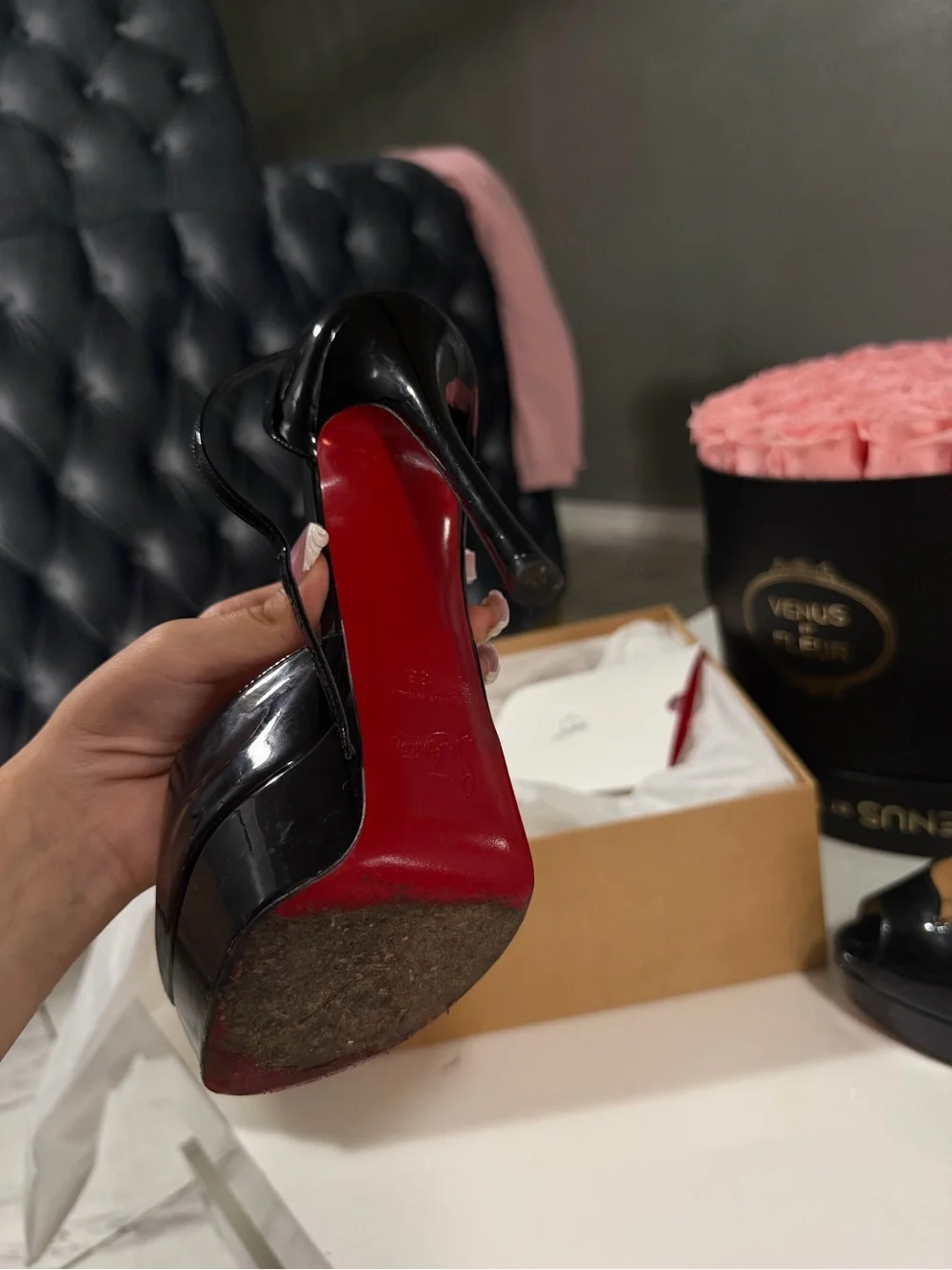 Black Patent Platform Peep-Toe Heels with Ankle Strap
